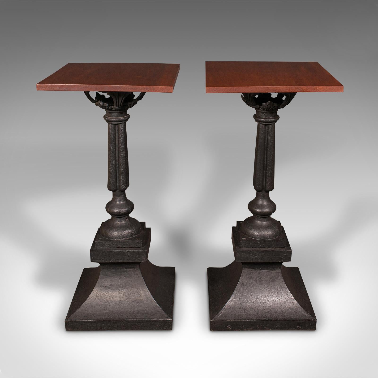 This is a pair of portico tables. An English, walnut and cast iron statuary or planter stand, dating to the Victorian period, circa 1850.

Exquisite and substantial ironmongery from the evocative time of the Great Exhibition
Displaying a desirable