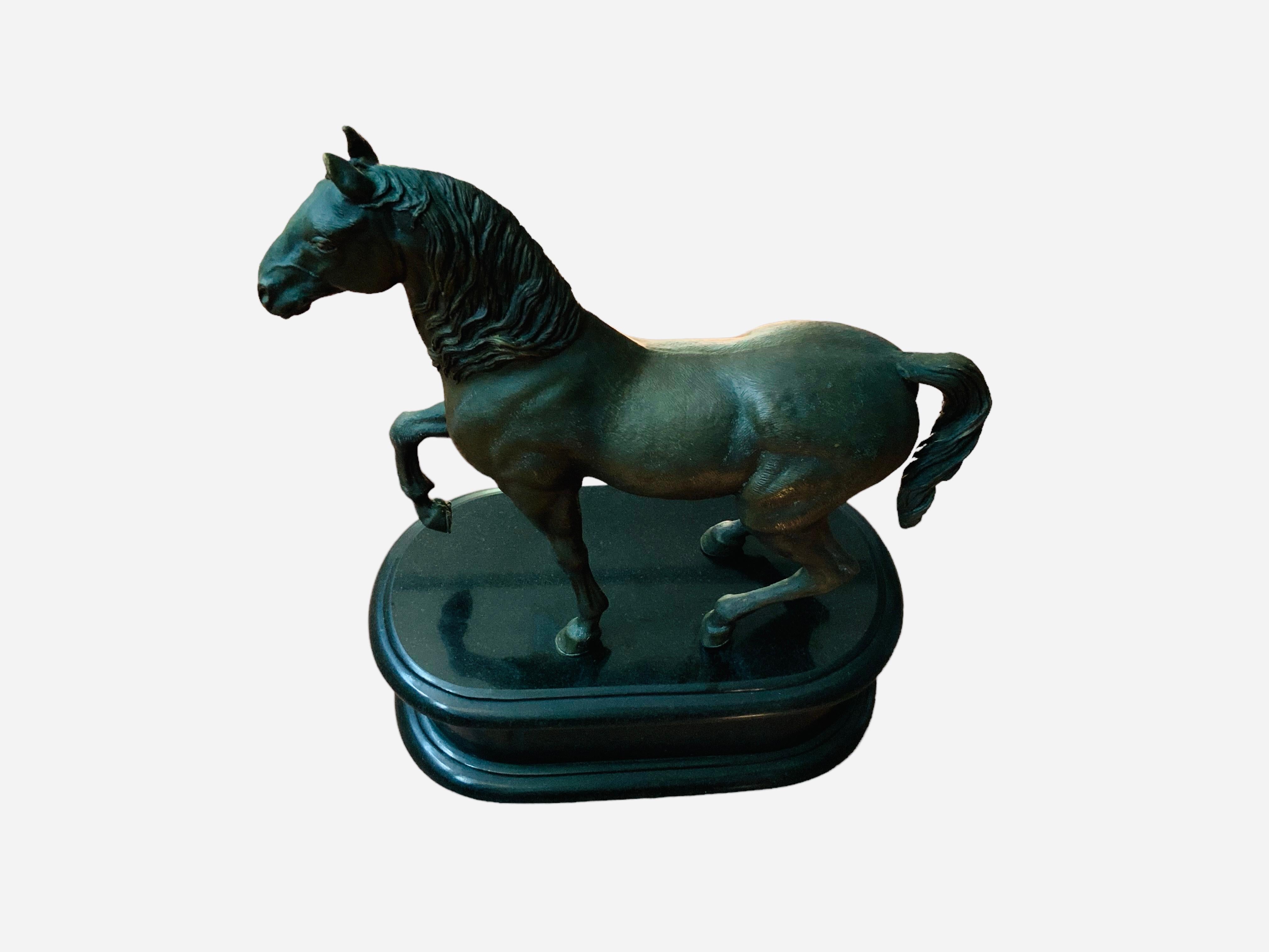This is a heavy patinated bronze sculpture of a “Paso Fino”horse. “Paso Fino” means a horse with a fine step. These horses have a unique and natural smooth gait since birth. It depicts a large hairy proud horse with strong stamina that is starting