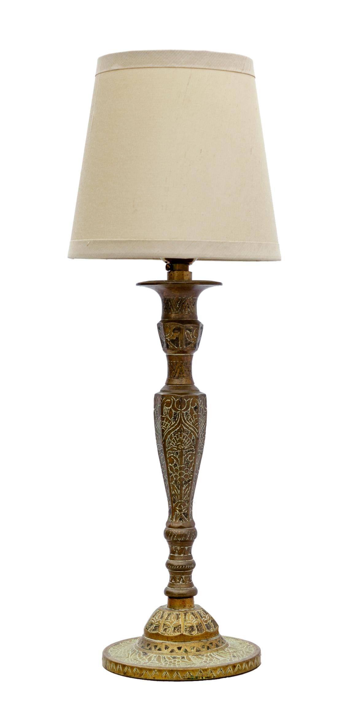 Heavy Engraved Brass Candlestick Lamp/ Silk Shade For Sale 1