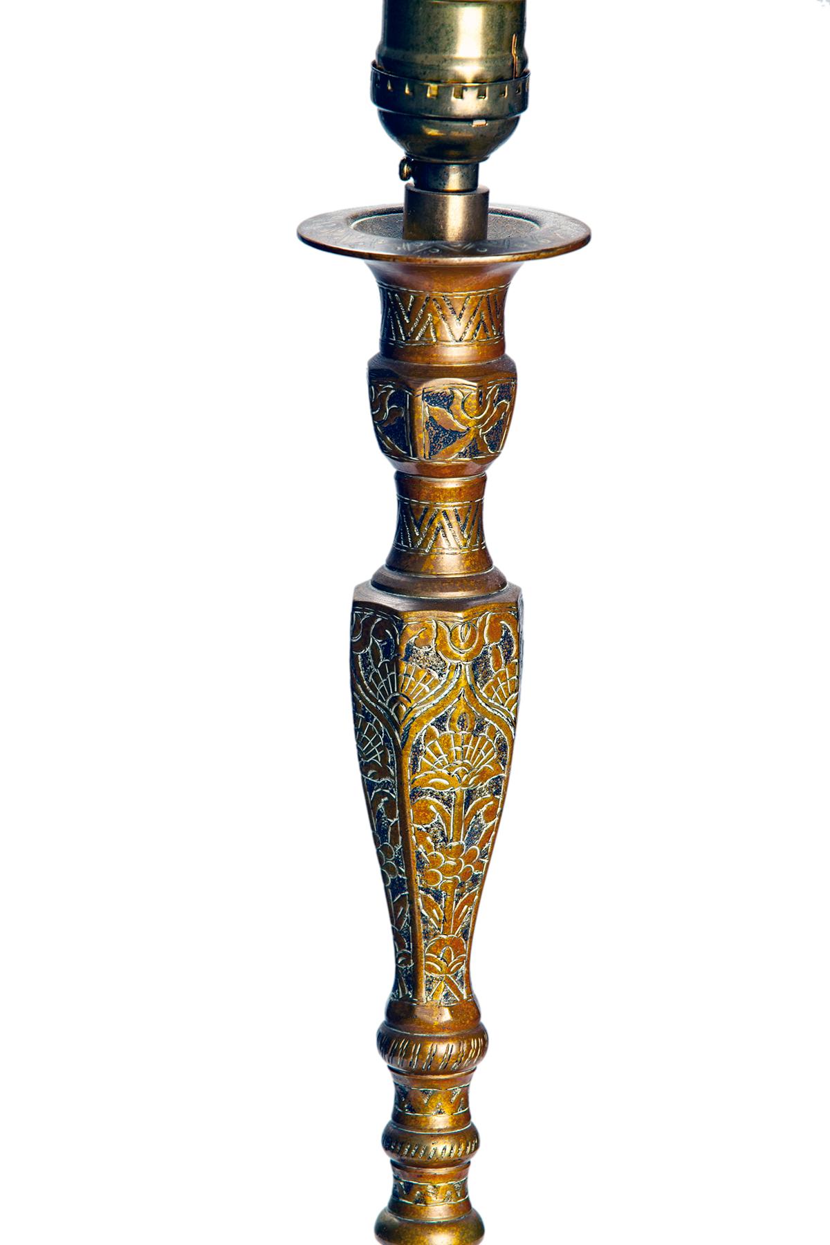 Anglo-Indian Heavy Engraved Brass Candlestick Lamp/ Silk Shade For Sale
