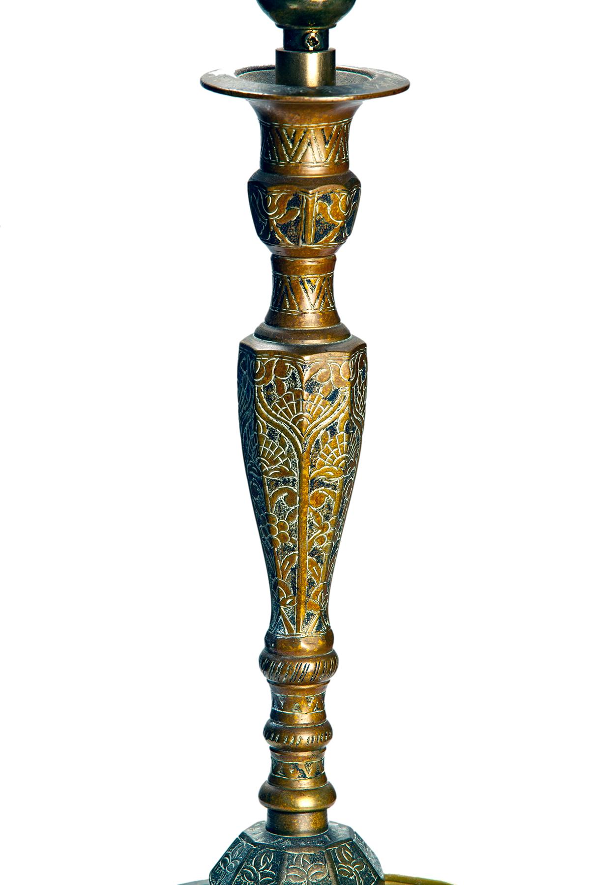 Indonesian Heavy Engraved Brass Candlestick Lamp/ Silk Shade For Sale
