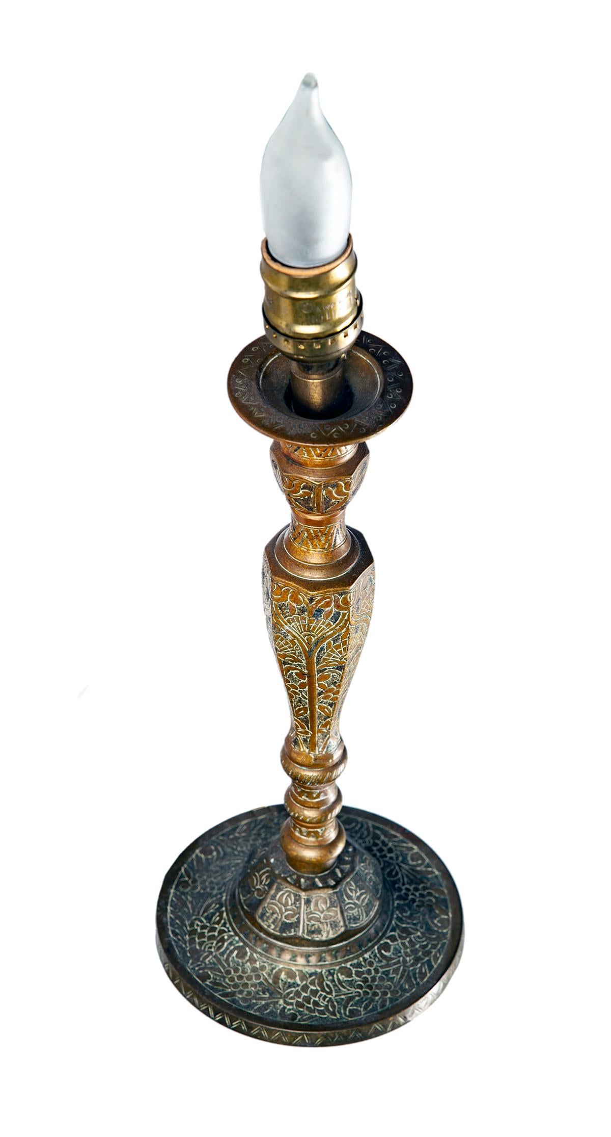 Heavy Engraved Brass Candlestick Lamp/ Silk Shade In Good Condition For Sale In Malibu, CA