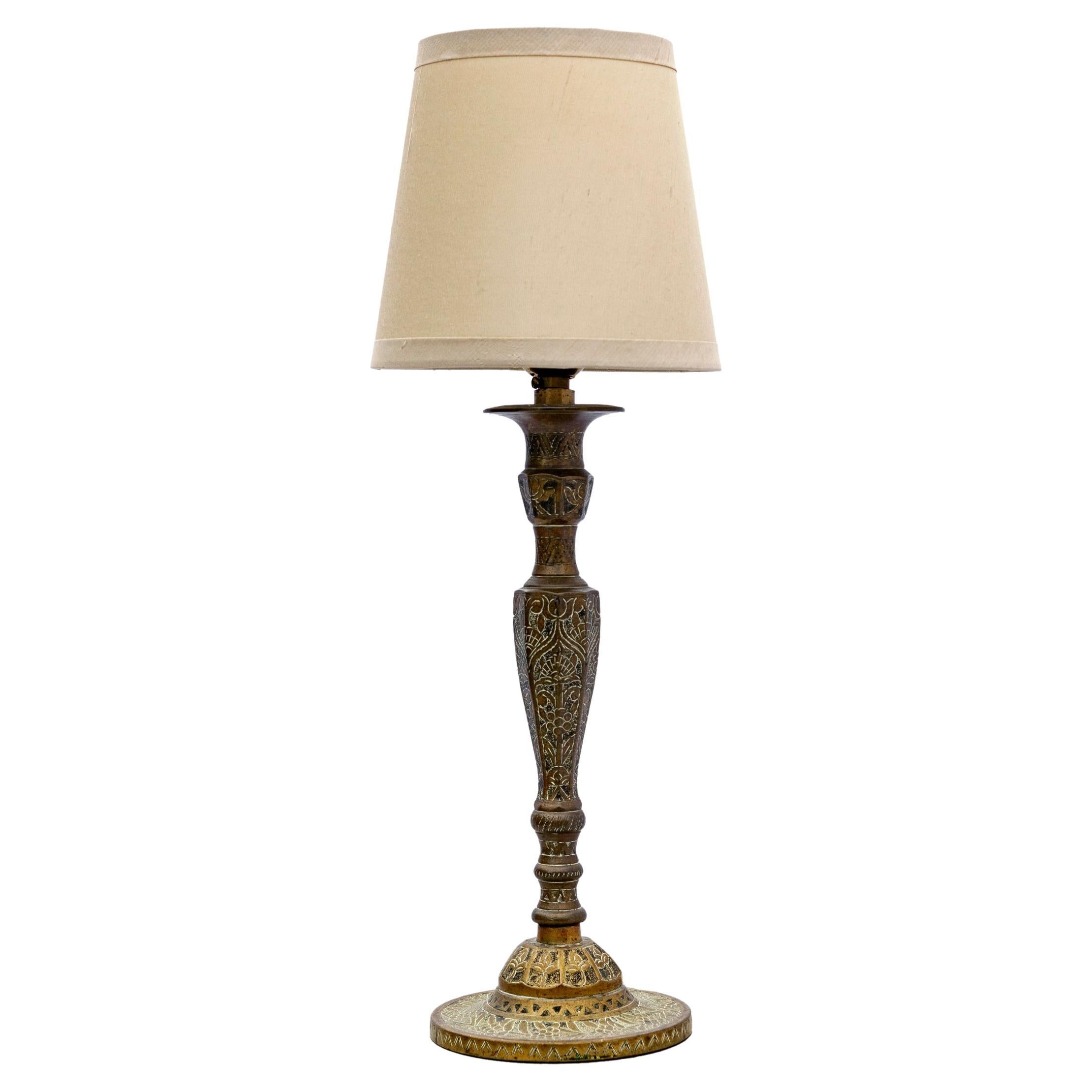Heavy Engraved Brass Candlestick Lamp/ Silk Shade For Sale