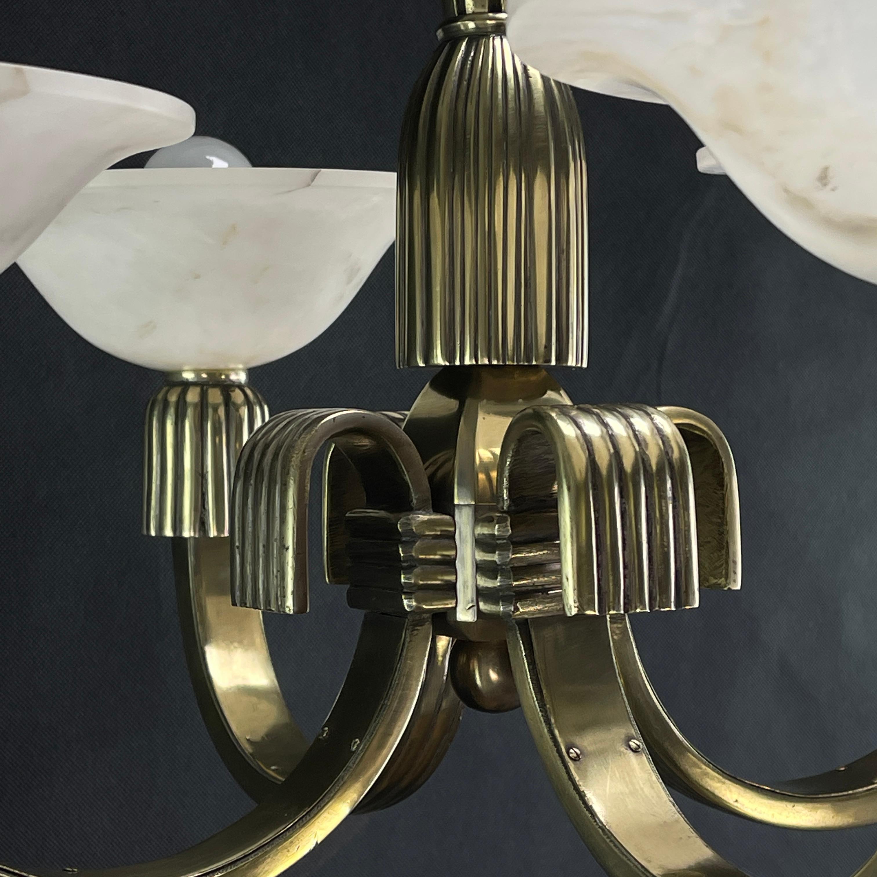 Heavy Petitot Art Deco Chandelier Hanging Bronze Lamp, Alabaster, 1930s For Sale 4