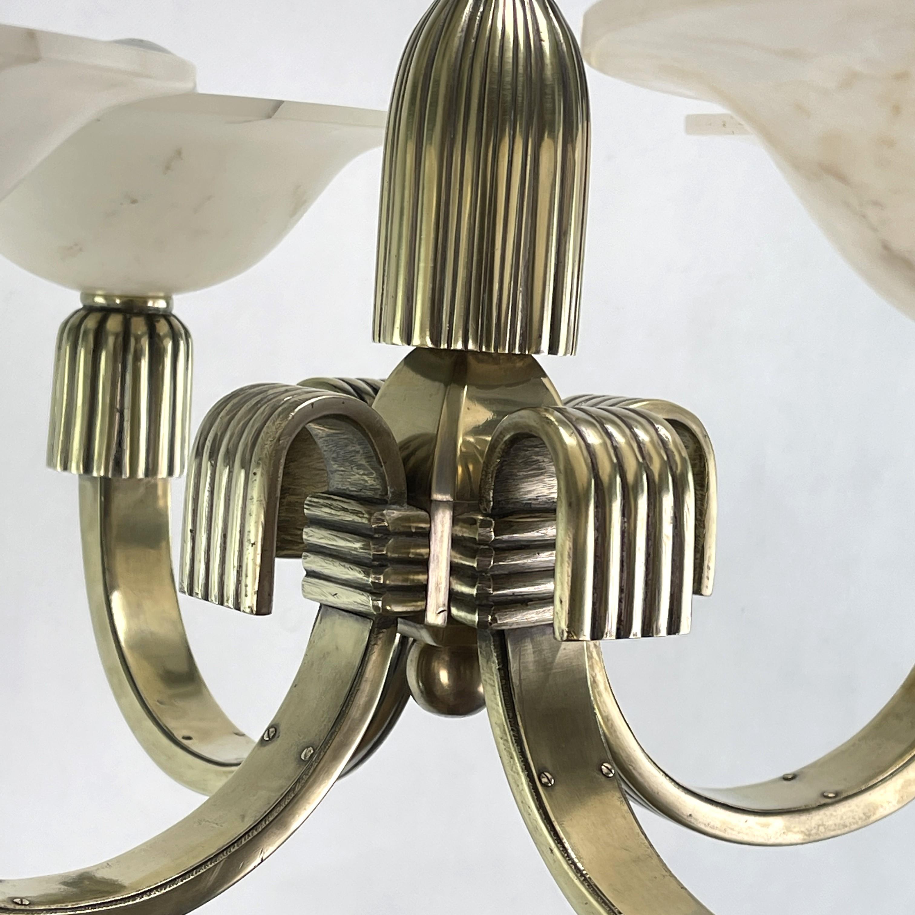 French Heavy Petitot Art Deco Chandelier Hanging Bronze Lamp, Alabaster, 1930s For Sale