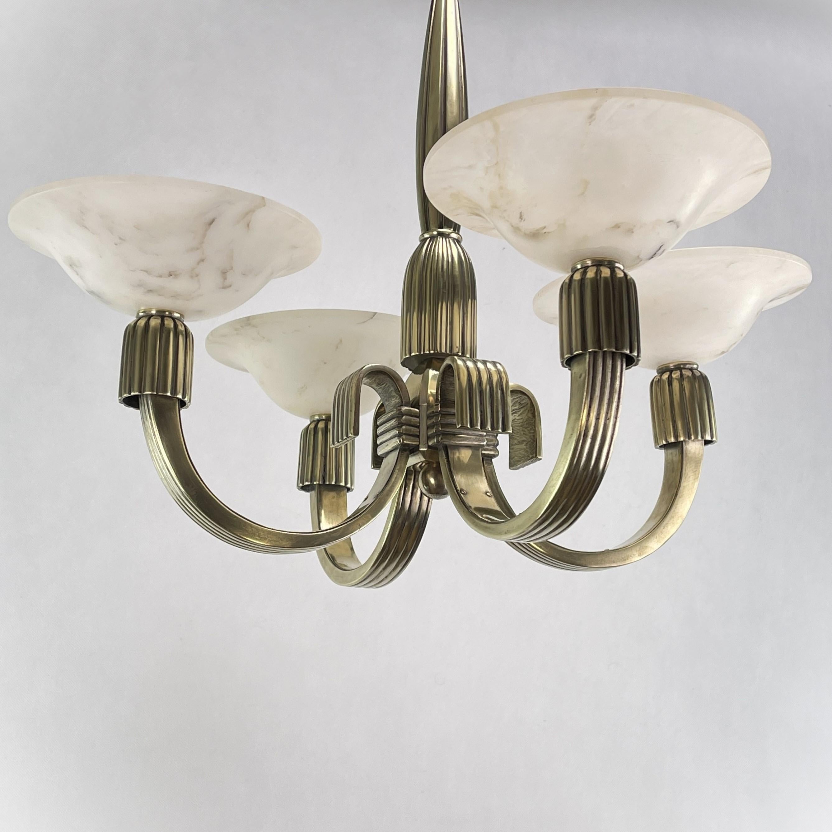 Heavy Petitot Art Deco Chandelier Hanging Bronze Lamp, Alabaster, 1930s For Sale 2