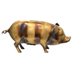 Heavy Pig Brass Metal Money Box Piggy Bank, Vintage, 1950s