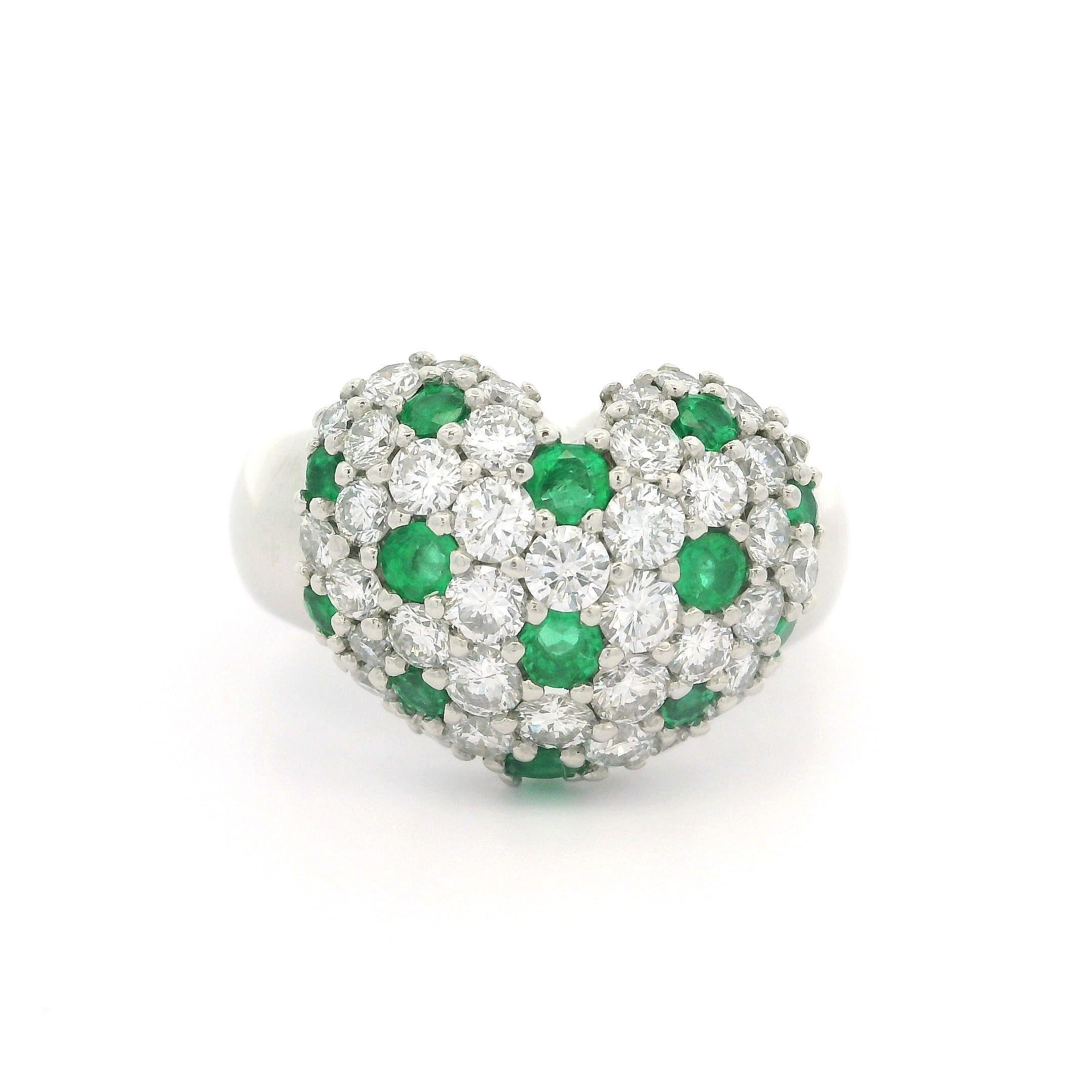 Heavy Platinum 1.99ctw Pave Diamond & Emerald Puffed Heart High Quality Ring