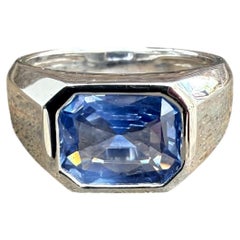 Heavy Platinum 3.12ct GIA Step Cut No Heat Ceylon Sapphire Bezel East West Ring