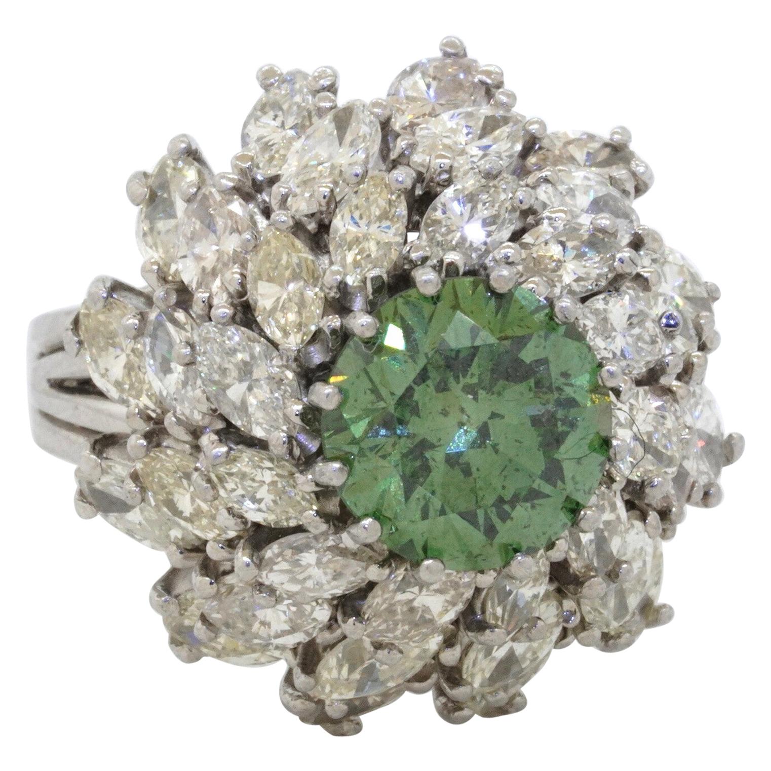Heavy Platinum 7.76ct VS Fancy Green Diamond Cluster Ballerina Ring For Sale