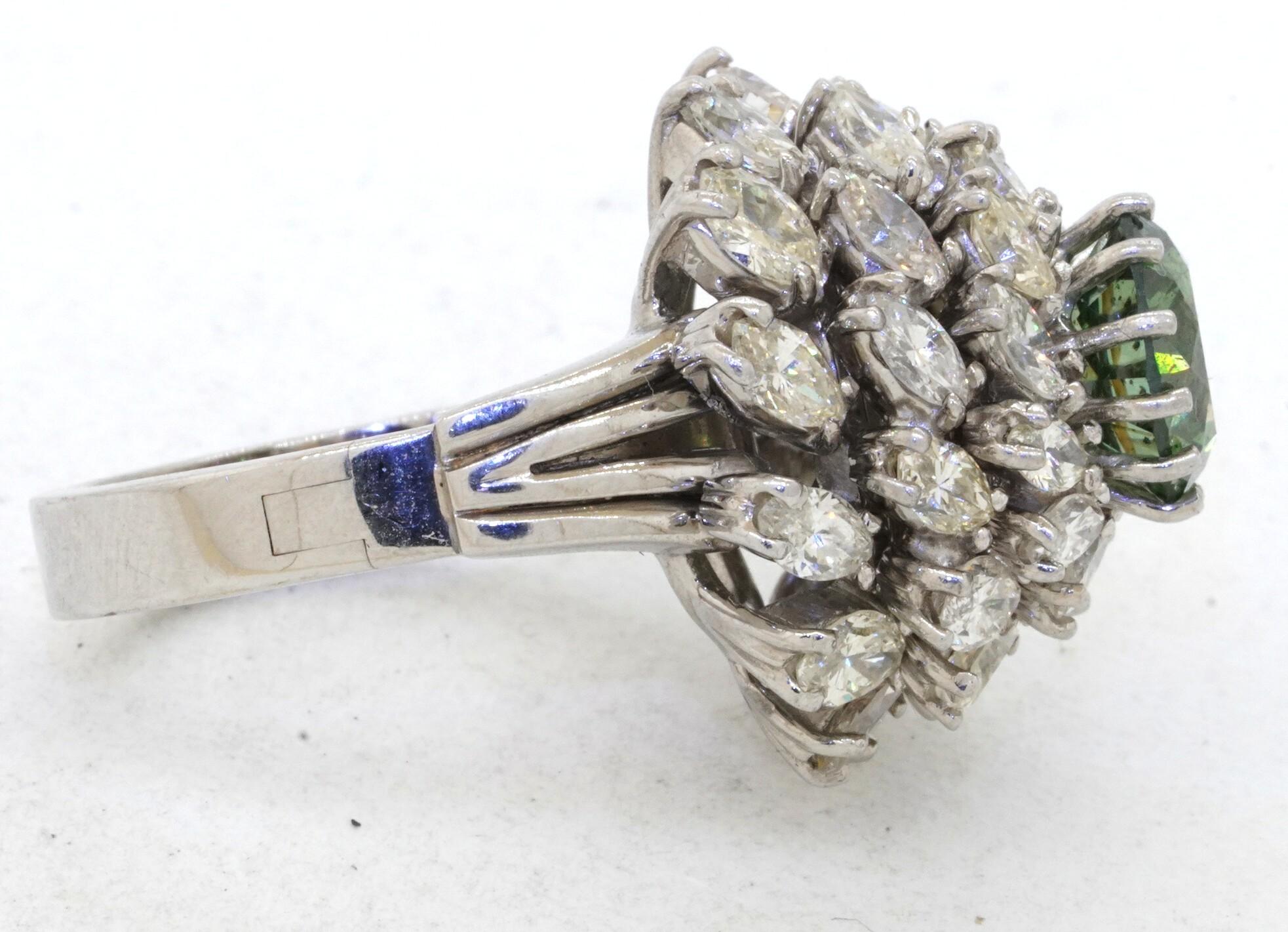 Contemporary Heavy Platinum 7.76ct VS Fancy Green Diamond Cluster Ballerina Ring For Sale