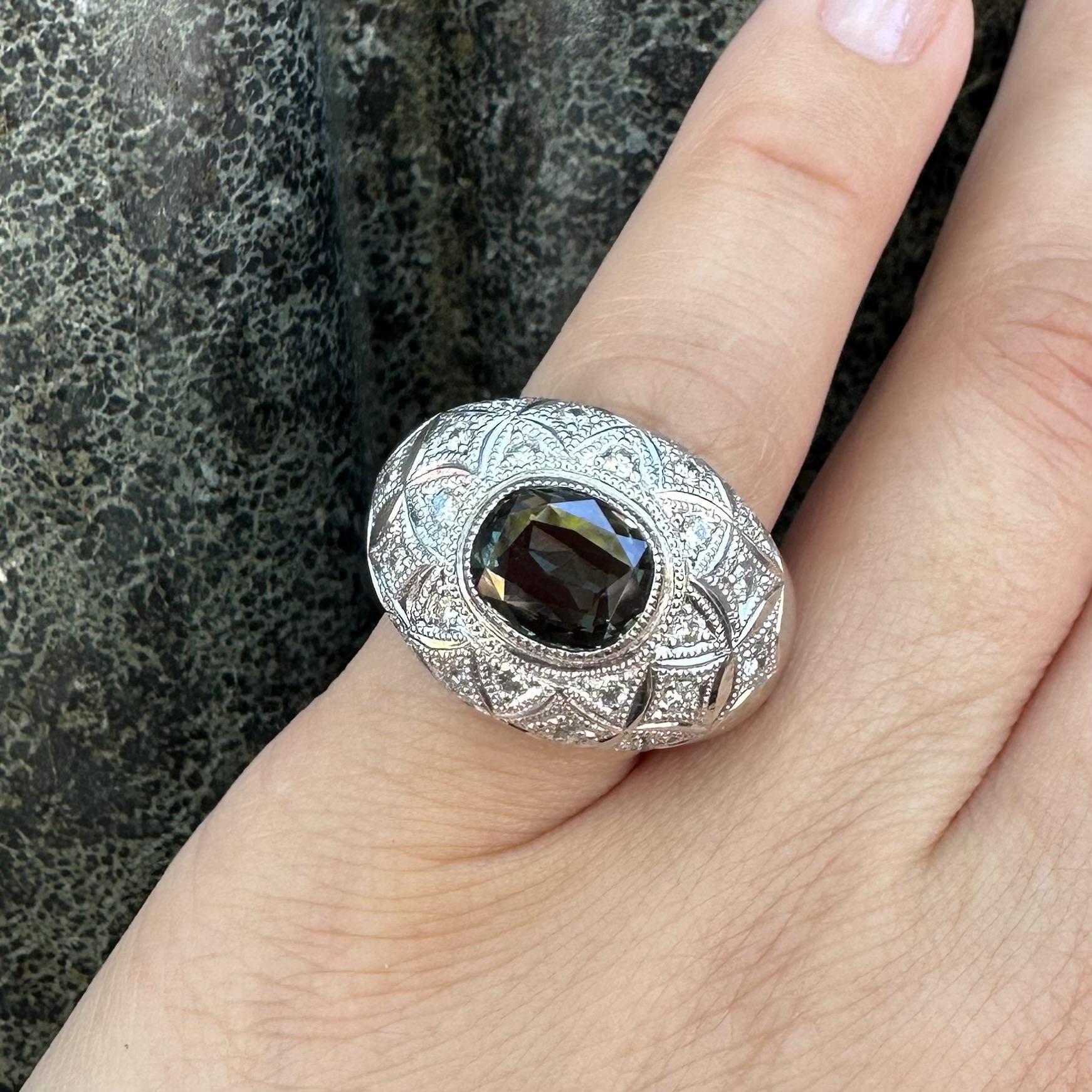 Heavy Platinum AGL 3.43ctw Green To Pink Alexandrite & Diamond Wide Domed Ring For Sale 5