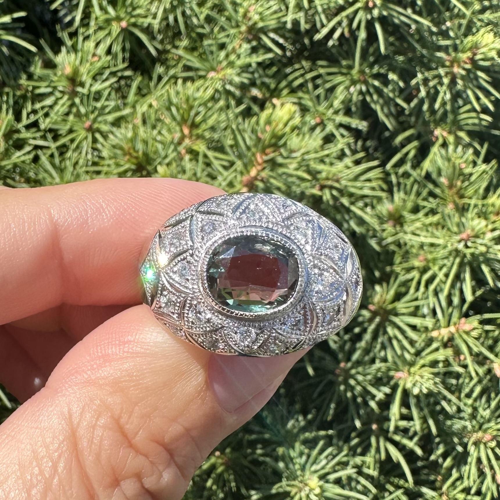 Heavy Platinum AGL 3.43ctw Green To Pink Alexandrite & Diamond Wide Domed Ring For Sale 6