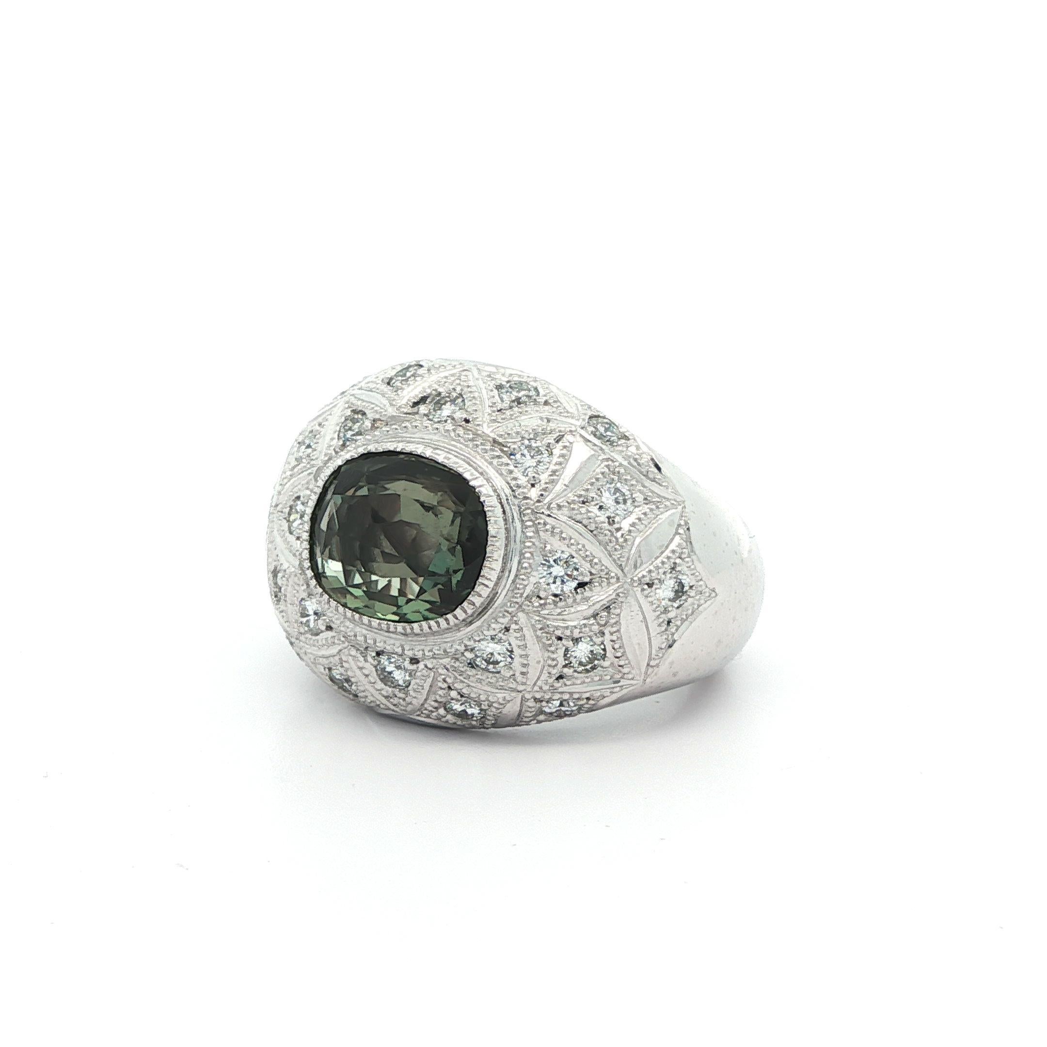 Heavy Platinum AGL 3.43ctw Green To Pink Alexandrite & Diamond Wide Domed Ring For Sale 8