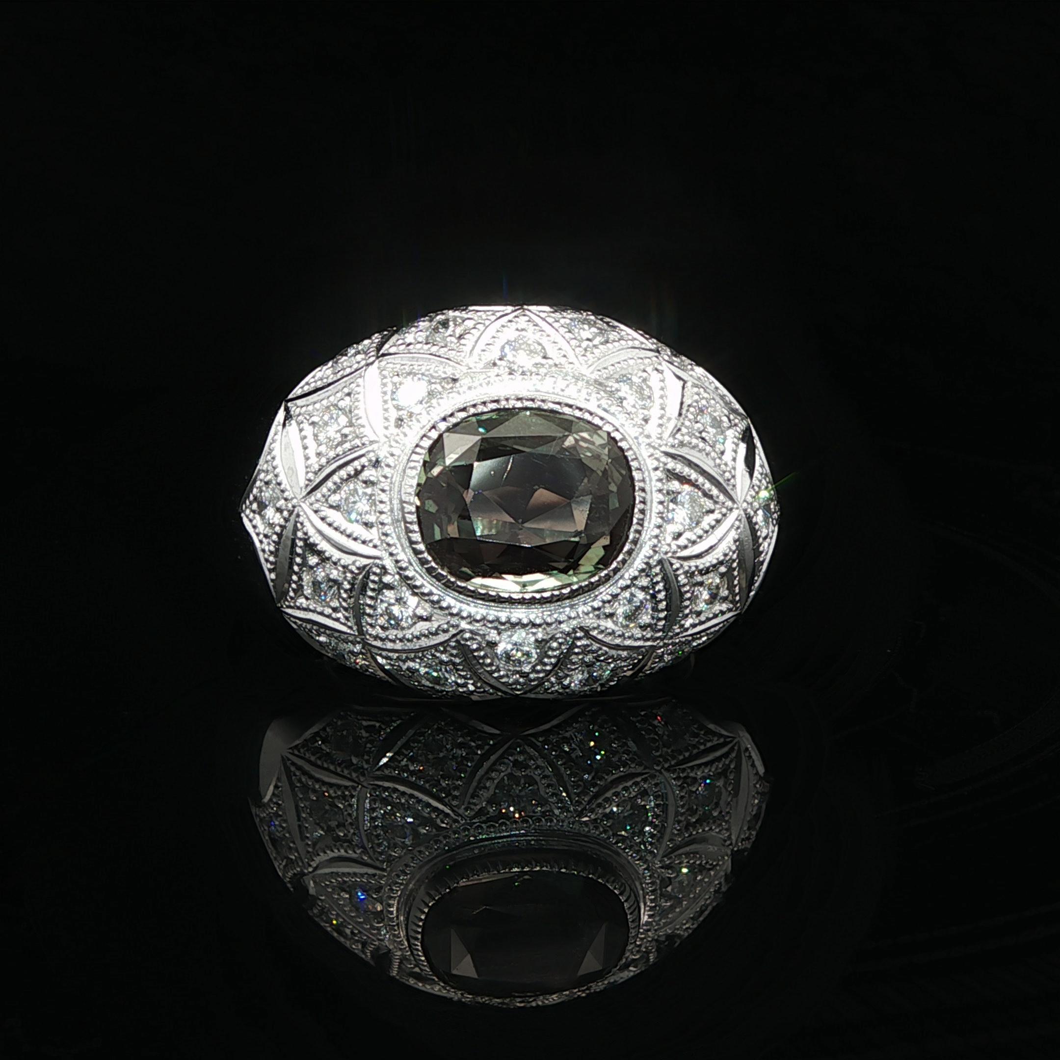 Heavy Platinum AGL 3.43ctw Green To Pink Alexandrite & Diamond Wide Domed Ring For Sale 10