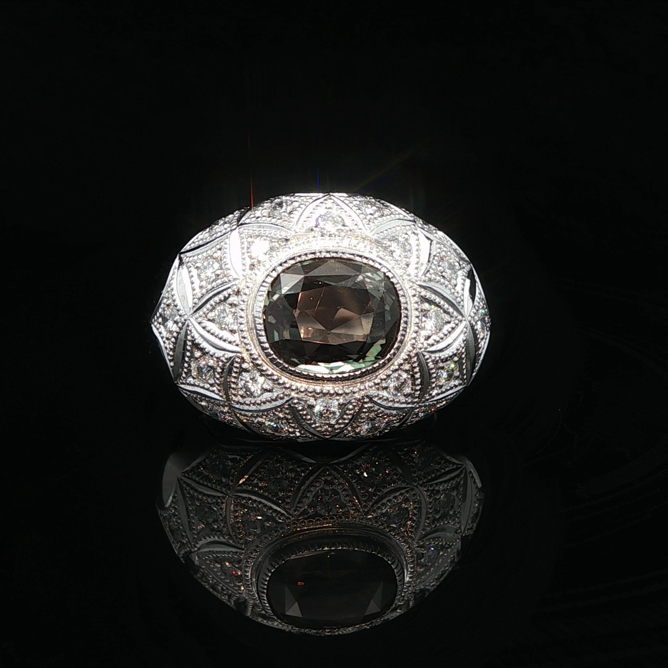 Heavy Platinum AGL 3.43ctw Green To Pink Alexandrite & Diamond Wide Domed Ring For Sale 11