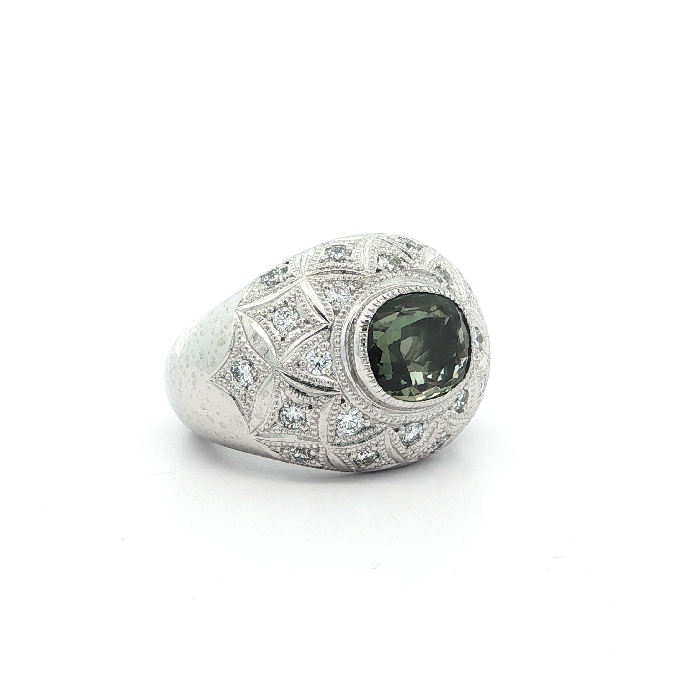 Heavy Platinum AGL 3.43ctw Green To Pink Alexandrite & Diamond Wide Domed Ring For Sale 14