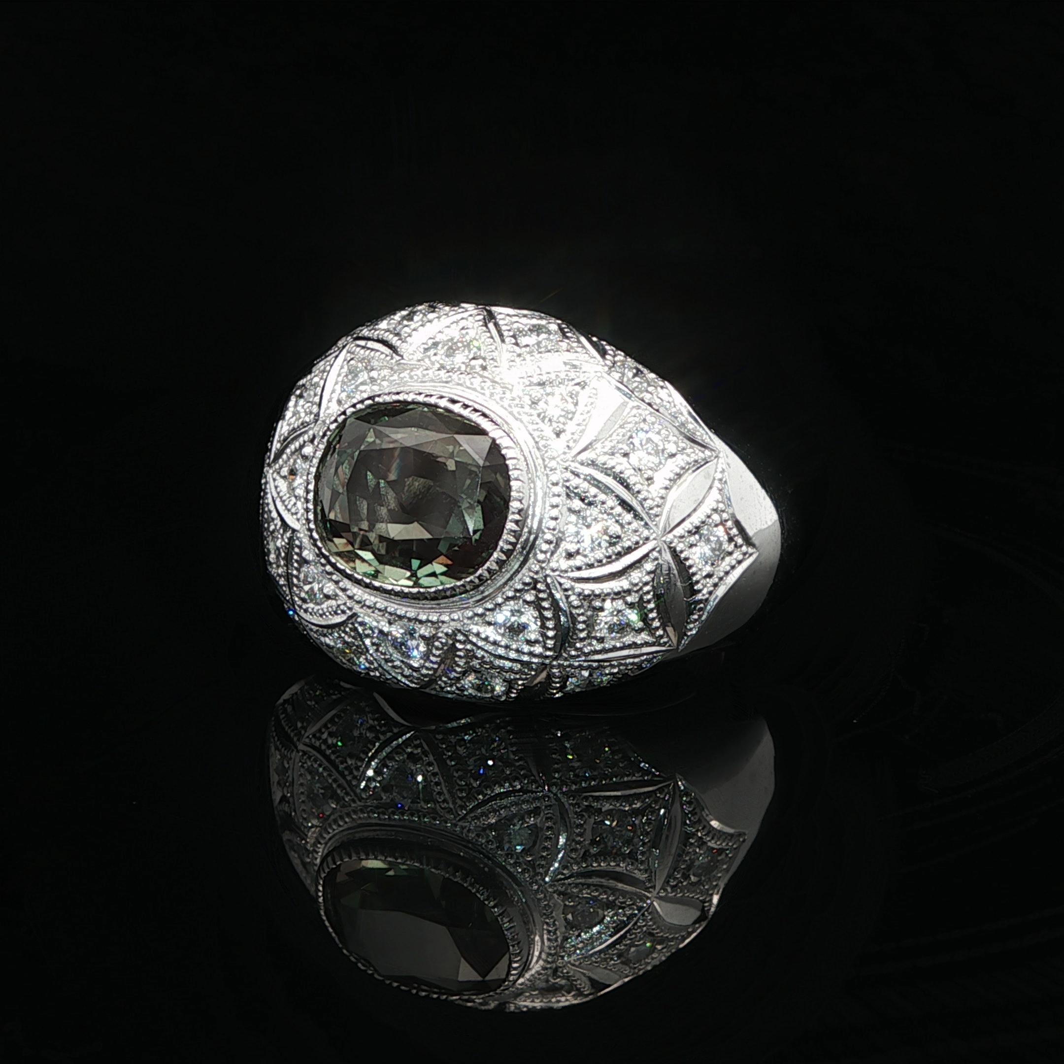 Heavy Platinum AGL 3.43ctw Green To Pink Alexandrite & Diamond Wide Domed Ring In Excellent Condition For Sale In Montclair, NJ
