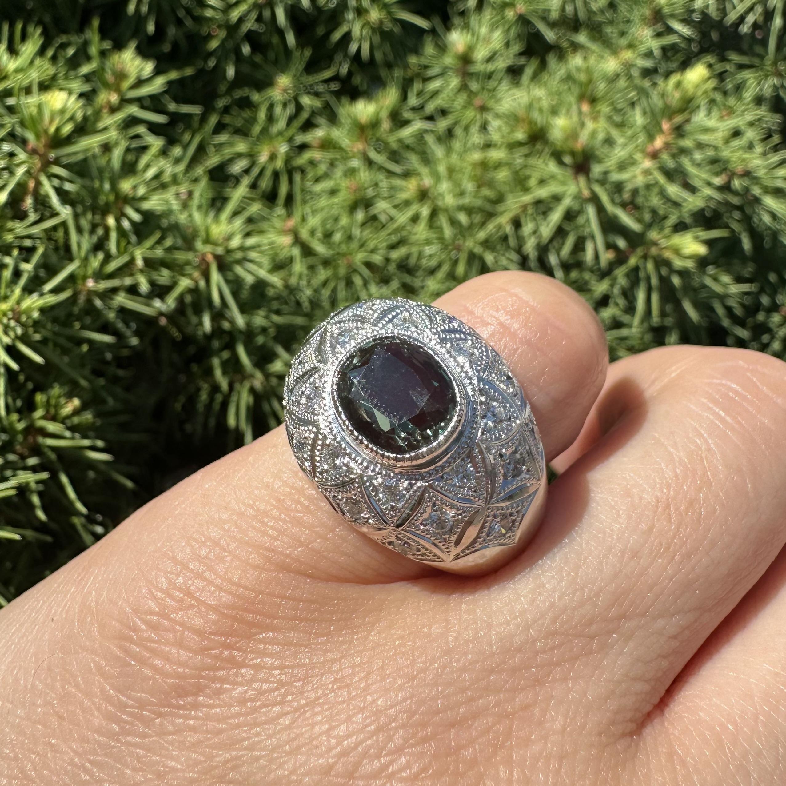 Women's Heavy Platinum AGL 3.43ctw Green To Pink Alexandrite & Diamond Wide Domed Ring For Sale