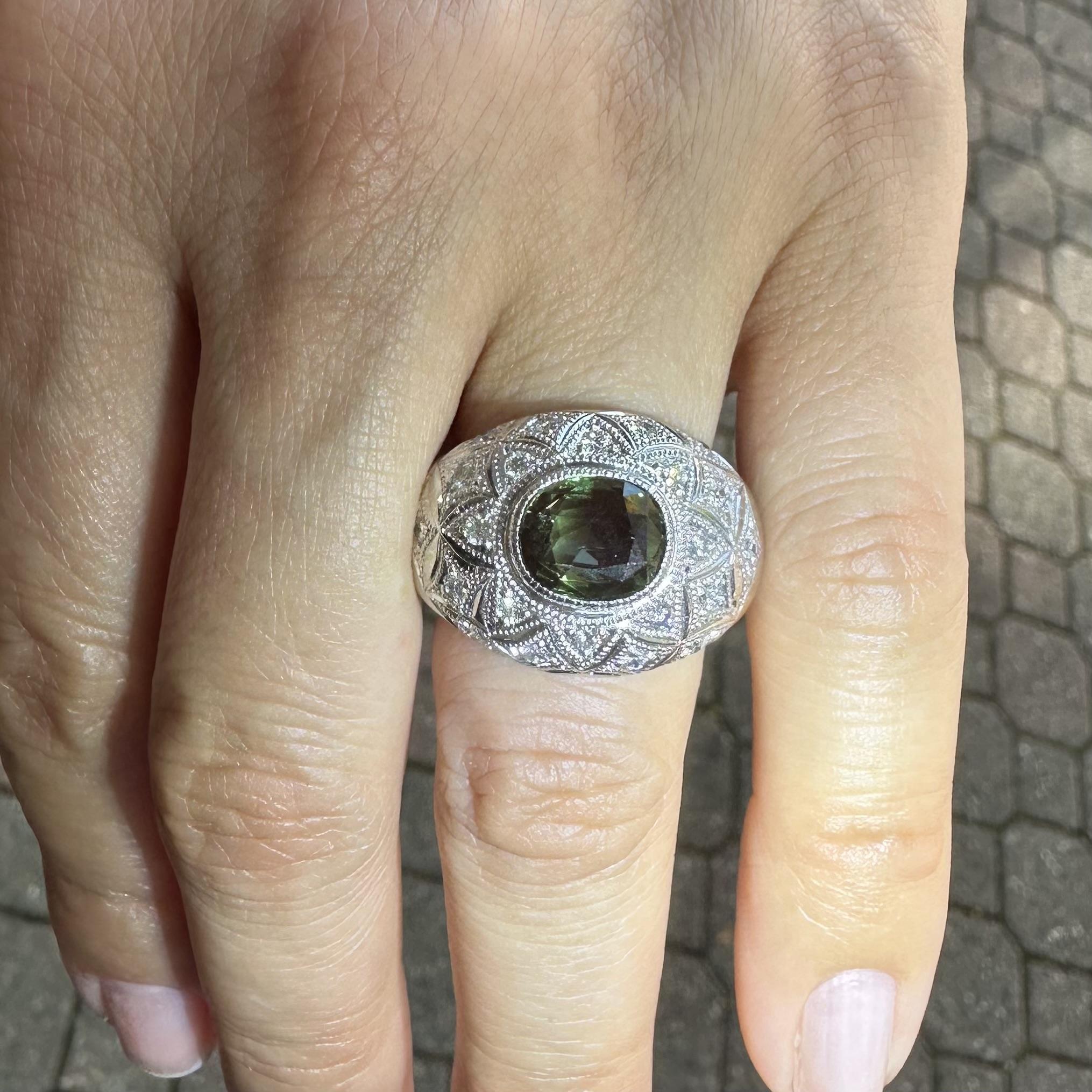 Heavy Platinum AGL 3.43ctw Green To Pink Alexandrite & Diamond Wide Domed Ring For Sale 2