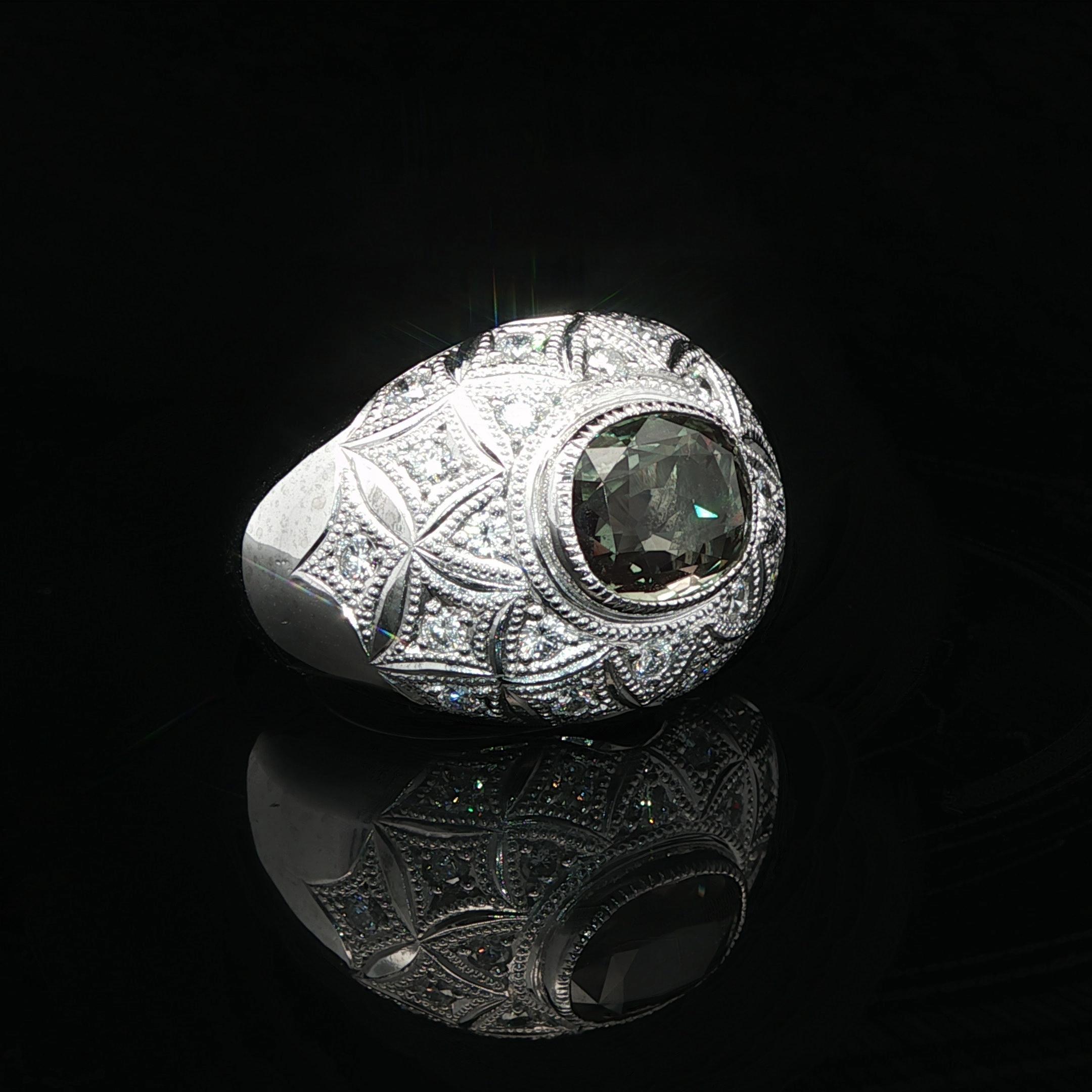 Heavy Platinum AGL 3.43ctw Green To Pink Alexandrite & Diamond Wide Domed Ring For Sale 4