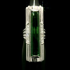 Heavy Platinum GIA 9.03ct Long Rectangular Vivid Green Tourmaline & Diamond Ring