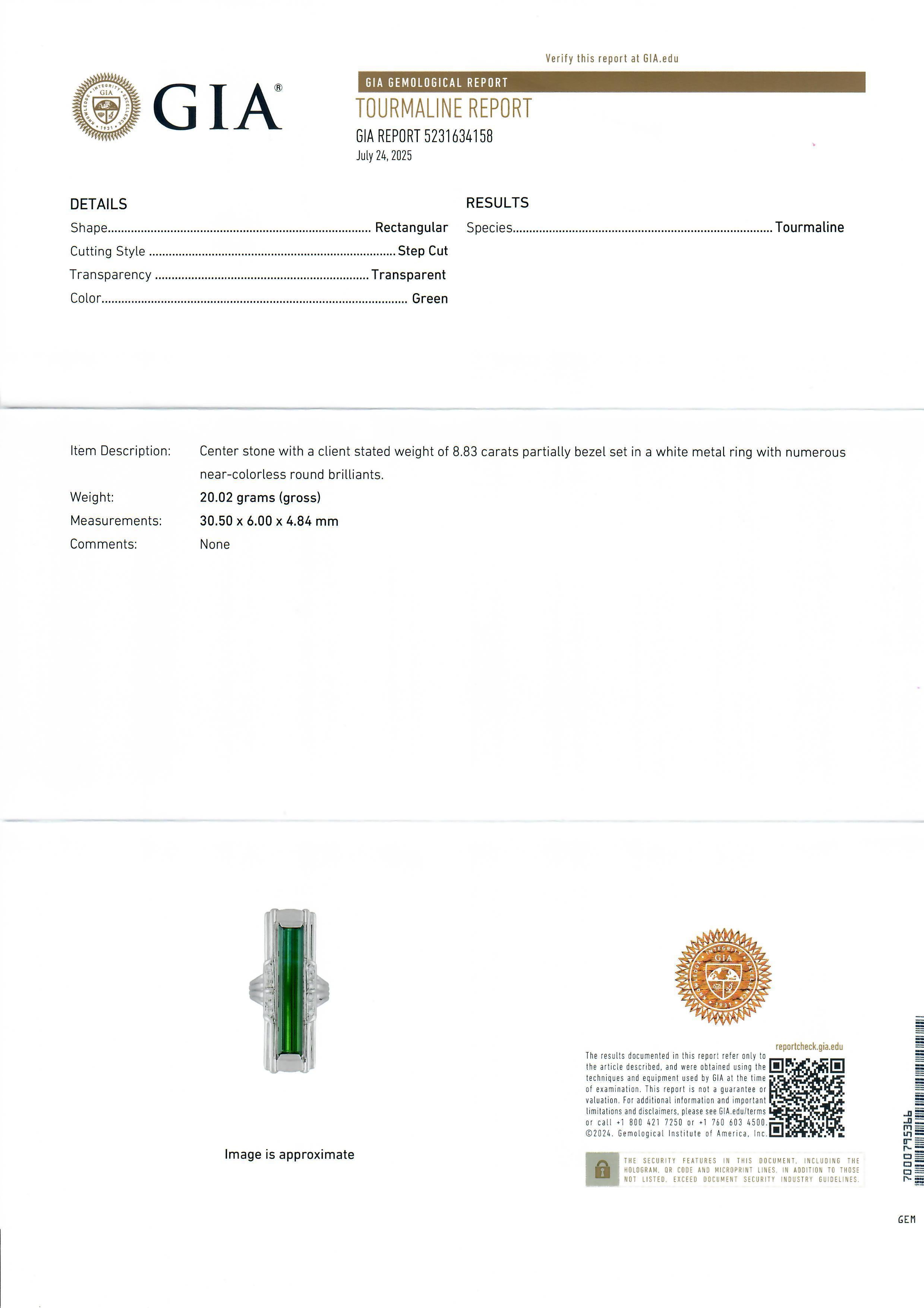 Donna Anello in platino pesante GIA 9,03ct rettangolare lungo con tormalina Greene & Greene e diamanti in vendita