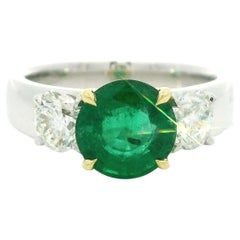 Heavy Platinum 
Gold GIA 4.03ctw Round Emerald w/ Diamond Sides 3 Stone Ring