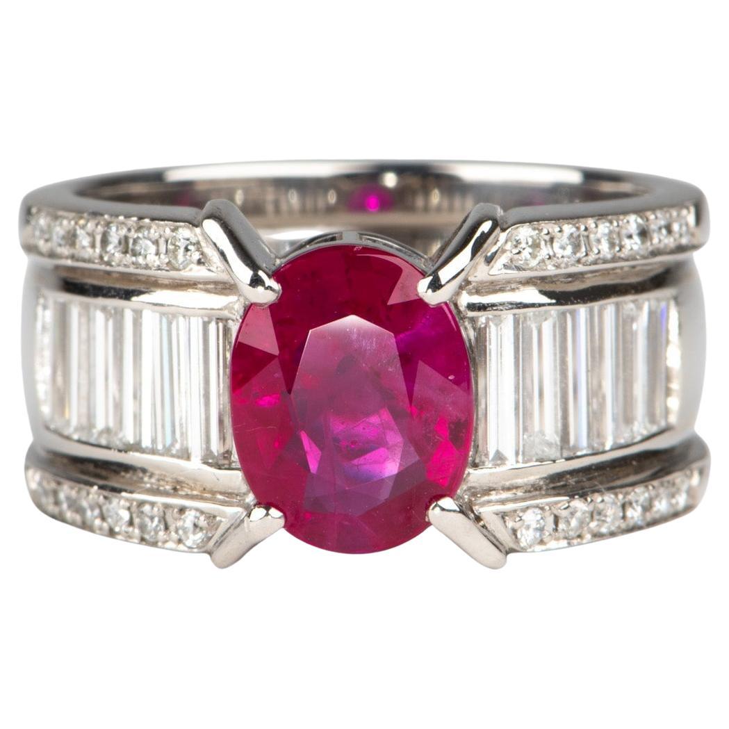 Heavy Platinum Ring 1.77ct Ruby on Stunning Baguette Diamond Band 12.6g R6786