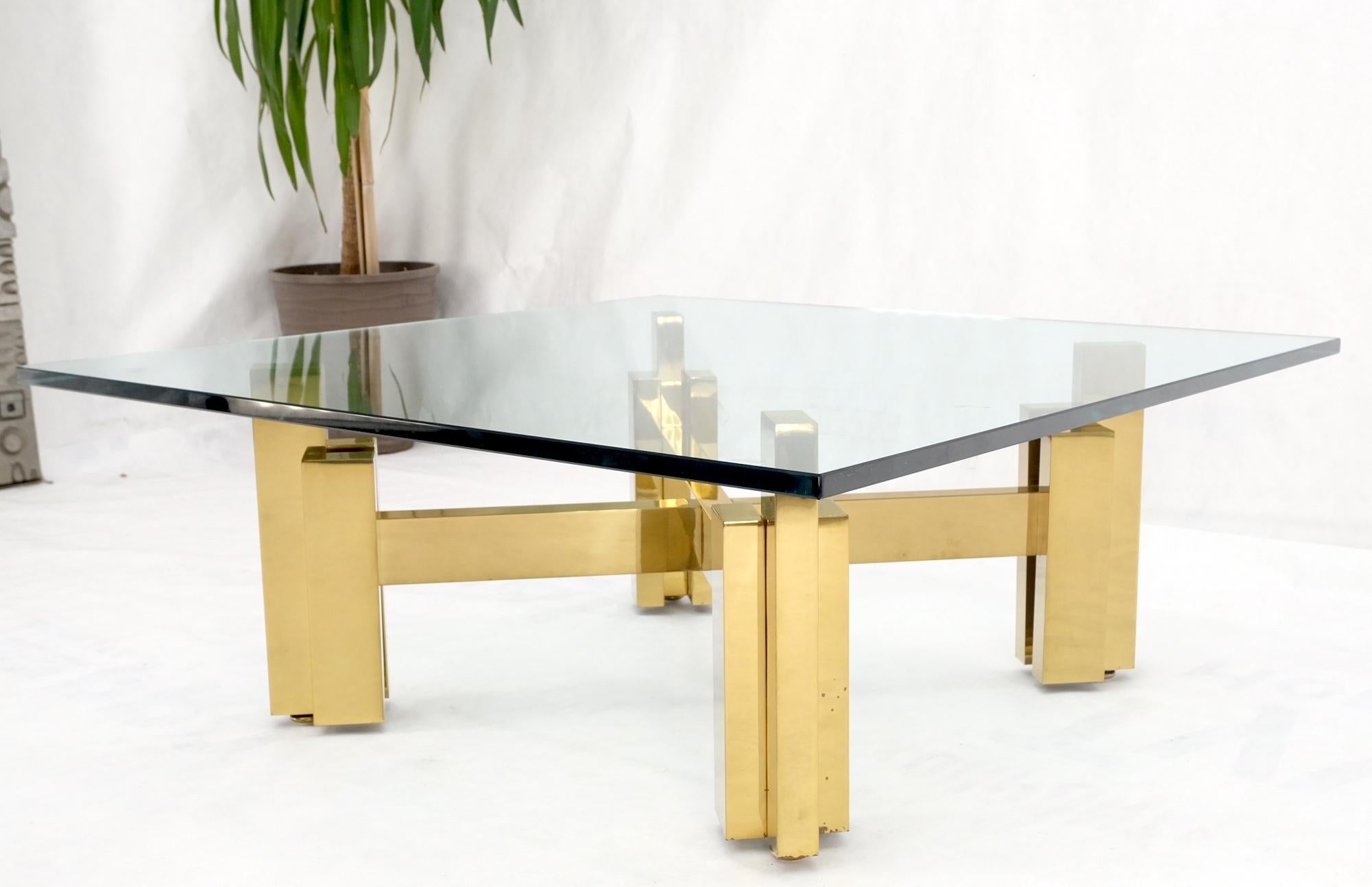 Heavy Polished Brass x Base Thick Glass Square Coffee Table Nice! For Sale 7