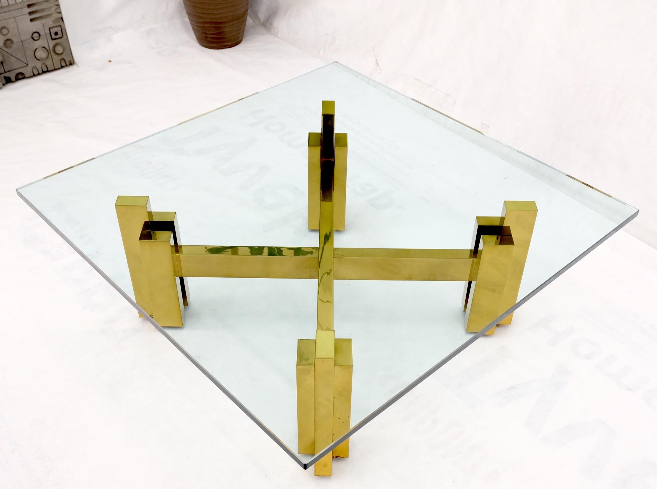 Heavy Polished Brass x Base Thick Glass Square Coffee Table Nice! For Sale 8