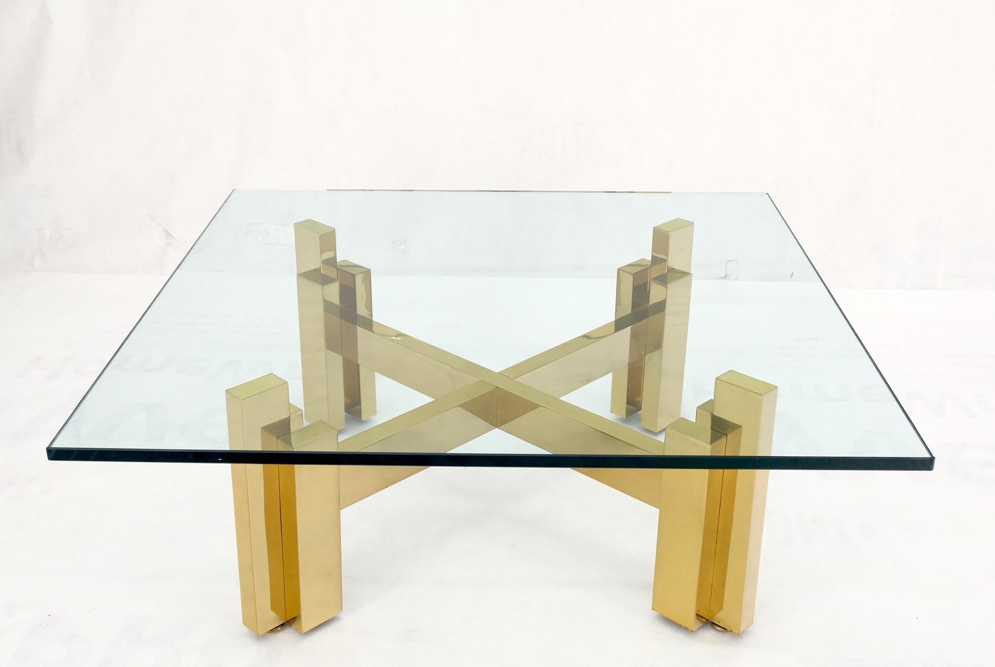 Heavy Polished Brass x Base Thick Glass Square Coffee Table Nice! For Sale 10