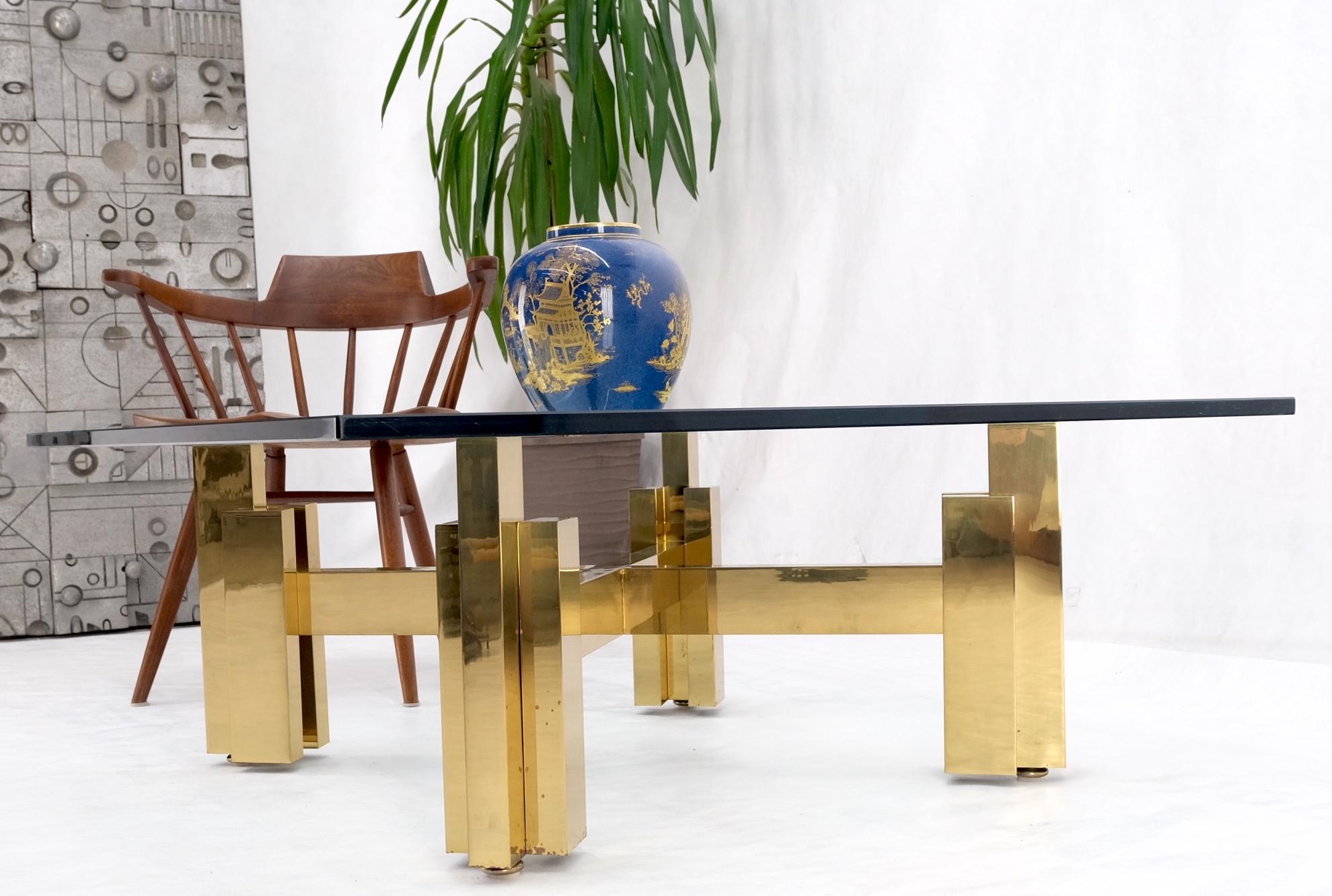 Heavy Polished Brass x Base Thick Glass Square Coffee Table Nice! For Sale 12