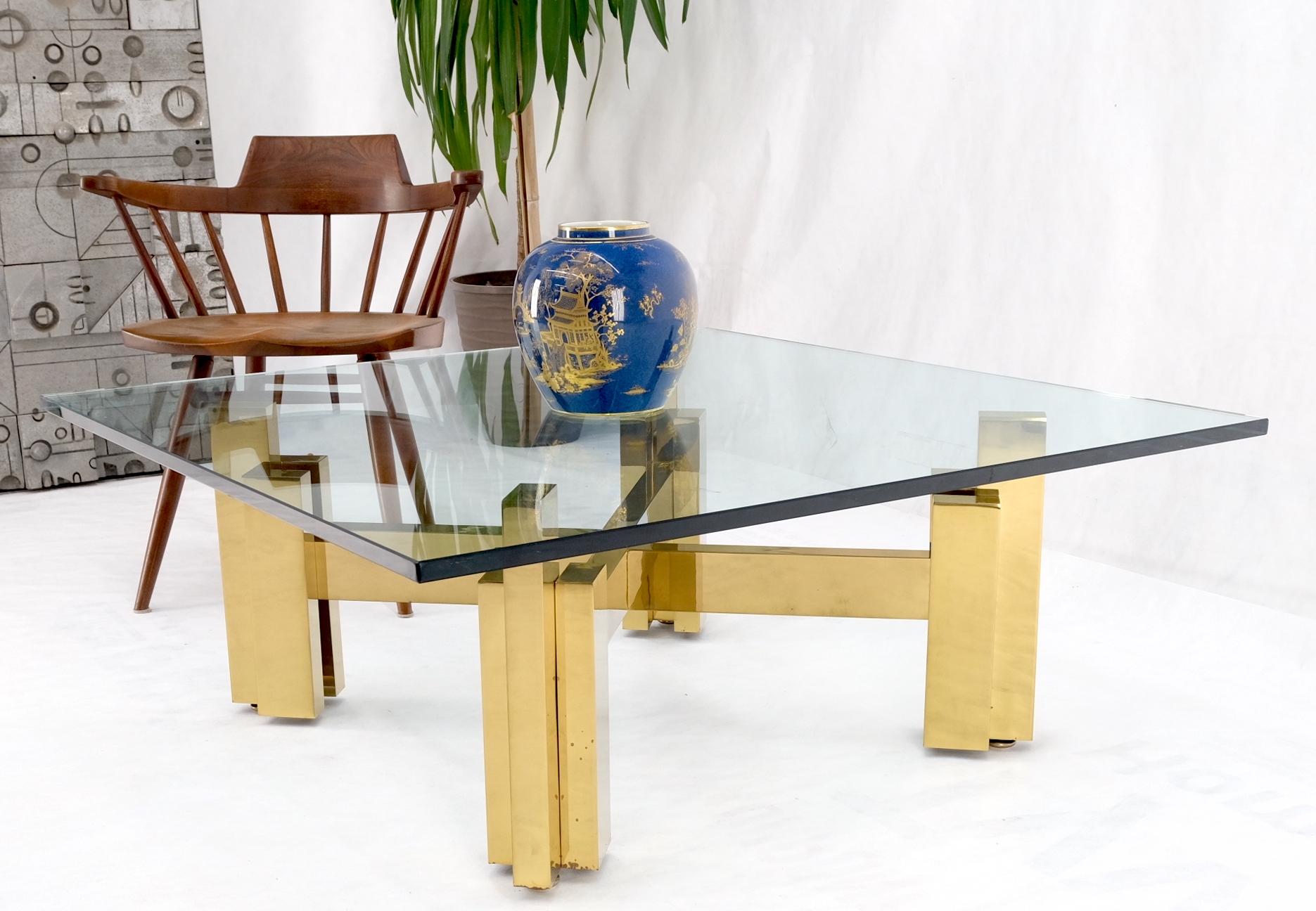 Heavy Polished Brass x Base Thick Glass Square Coffee Table Nice! For Sale 13