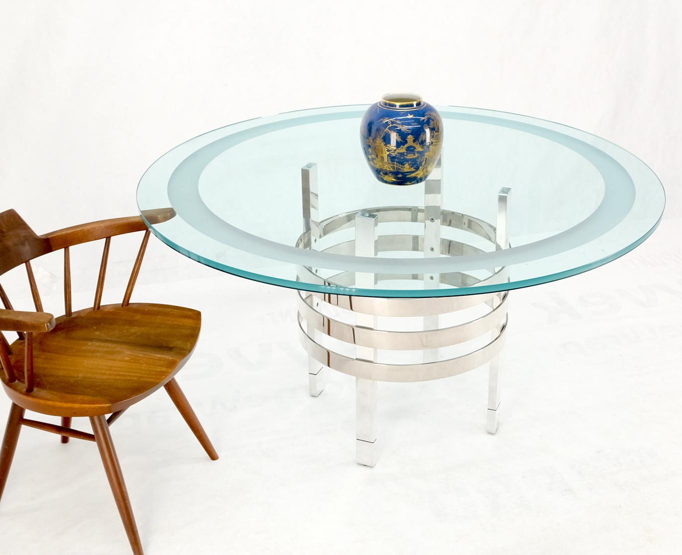 Mid-Century Modern Heavy Polished Solid Stainless Steel Glass Round Dining Game Table Ribbed Design For Sale