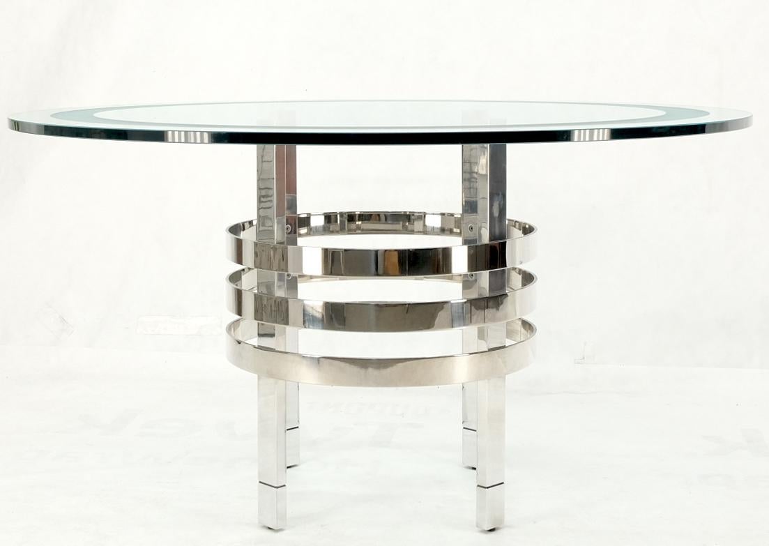 20th Century Heavy Polished Solid Stainless Steel Glass Round Dining Game Table Ribbed Design For Sale