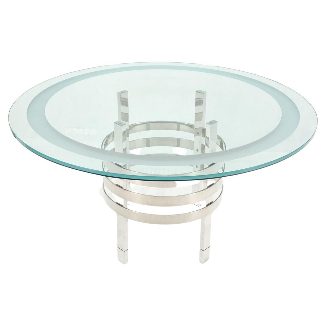 Heavy Polished Solid Stainless Steel Glass Round Dining Game Table Ribbed Design For Sale