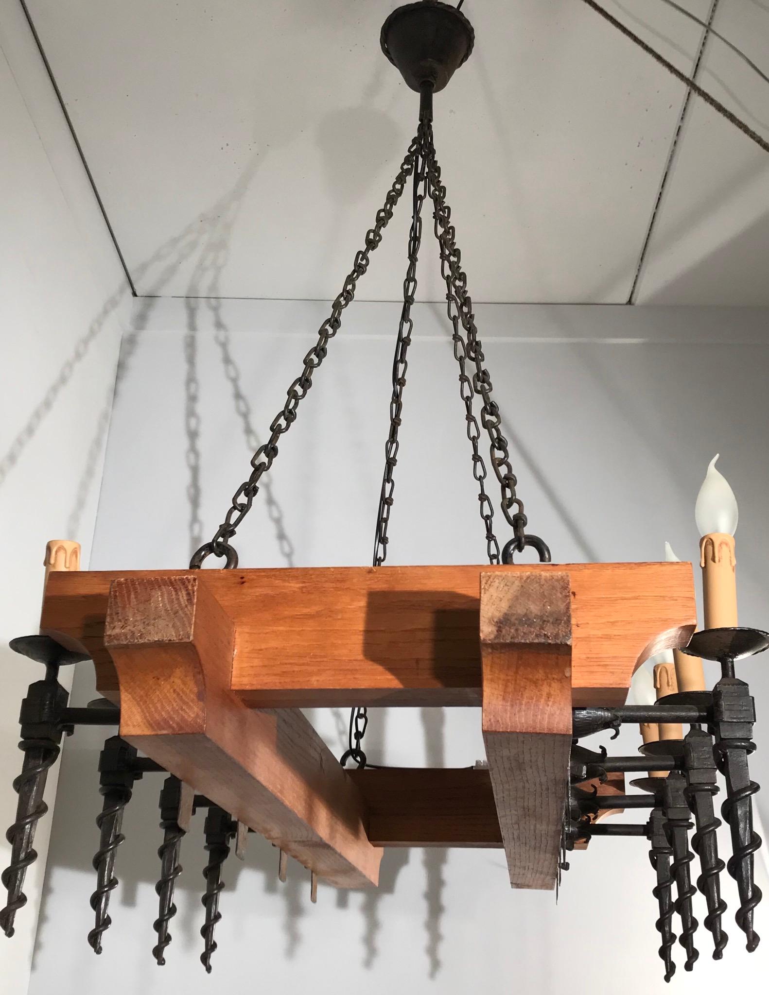 Heavy Quality Oak Beams and Wrought Iron Torches Arts & Crafts Chandelier Light For Sale 1