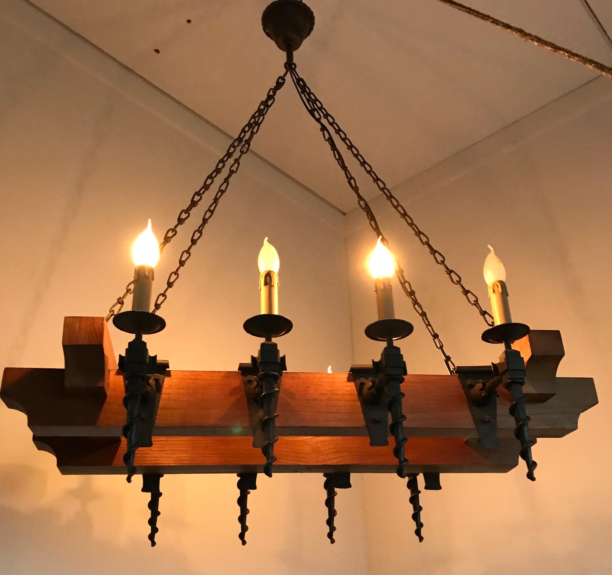 Heavy Quality Oak Beams and Wrought Iron Torches Arts & Crafts Chandelier Light For Sale 2