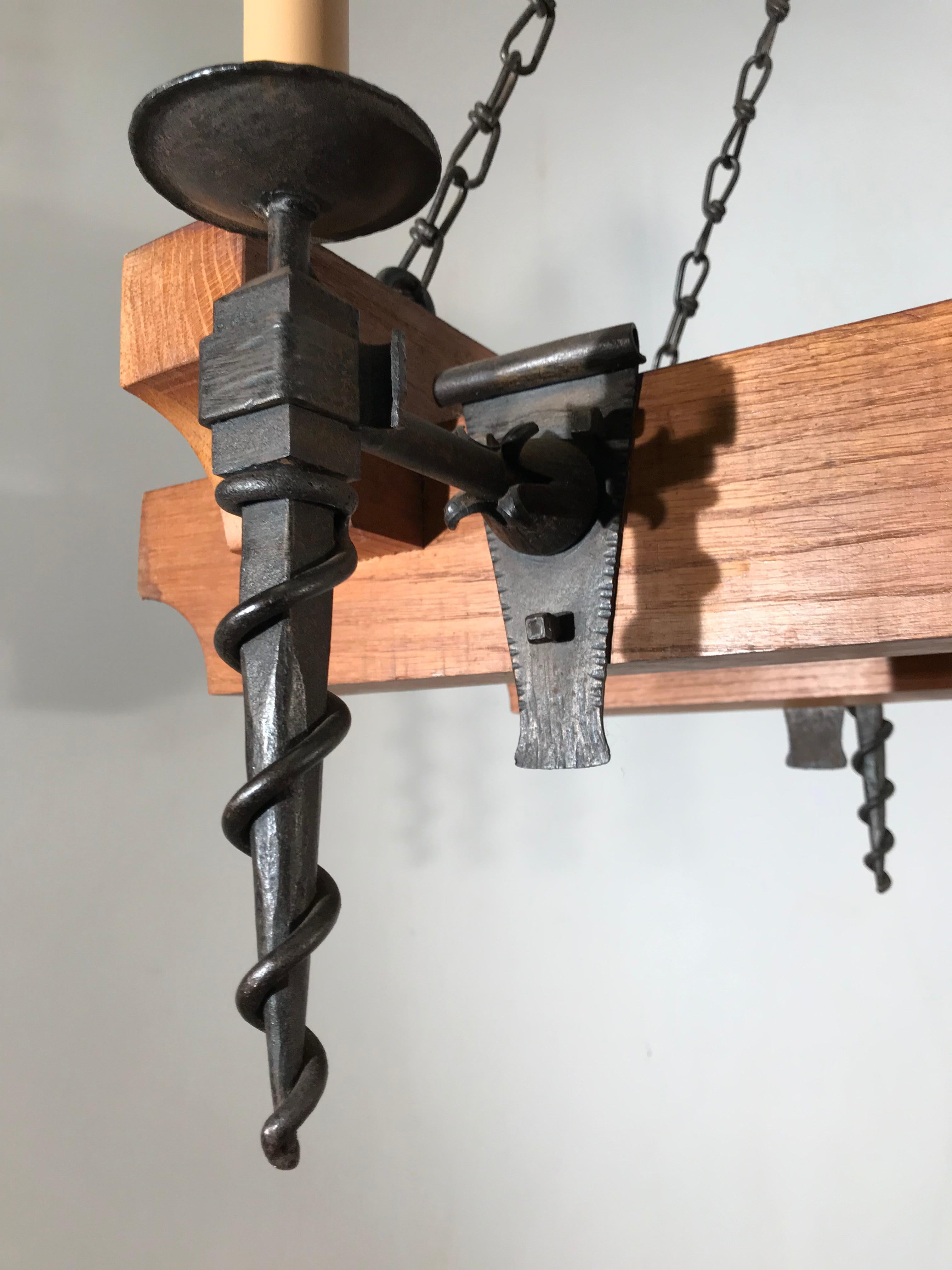Heavy Quality Oak Beams and Wrought Iron Torches Arts & Crafts Chandelier Light For Sale 4