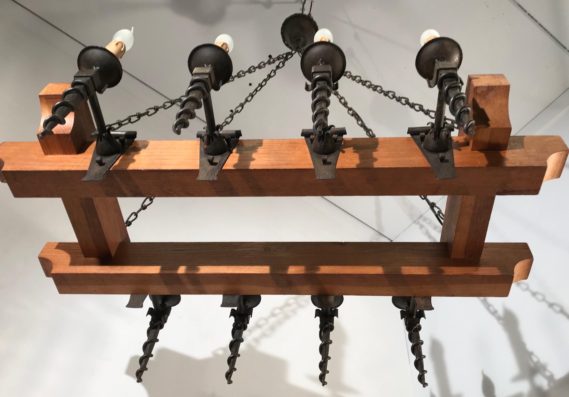 Heavy Quality Oak Beams and Wrought Iron Torches Arts & Crafts Chandelier Light For Sale 7