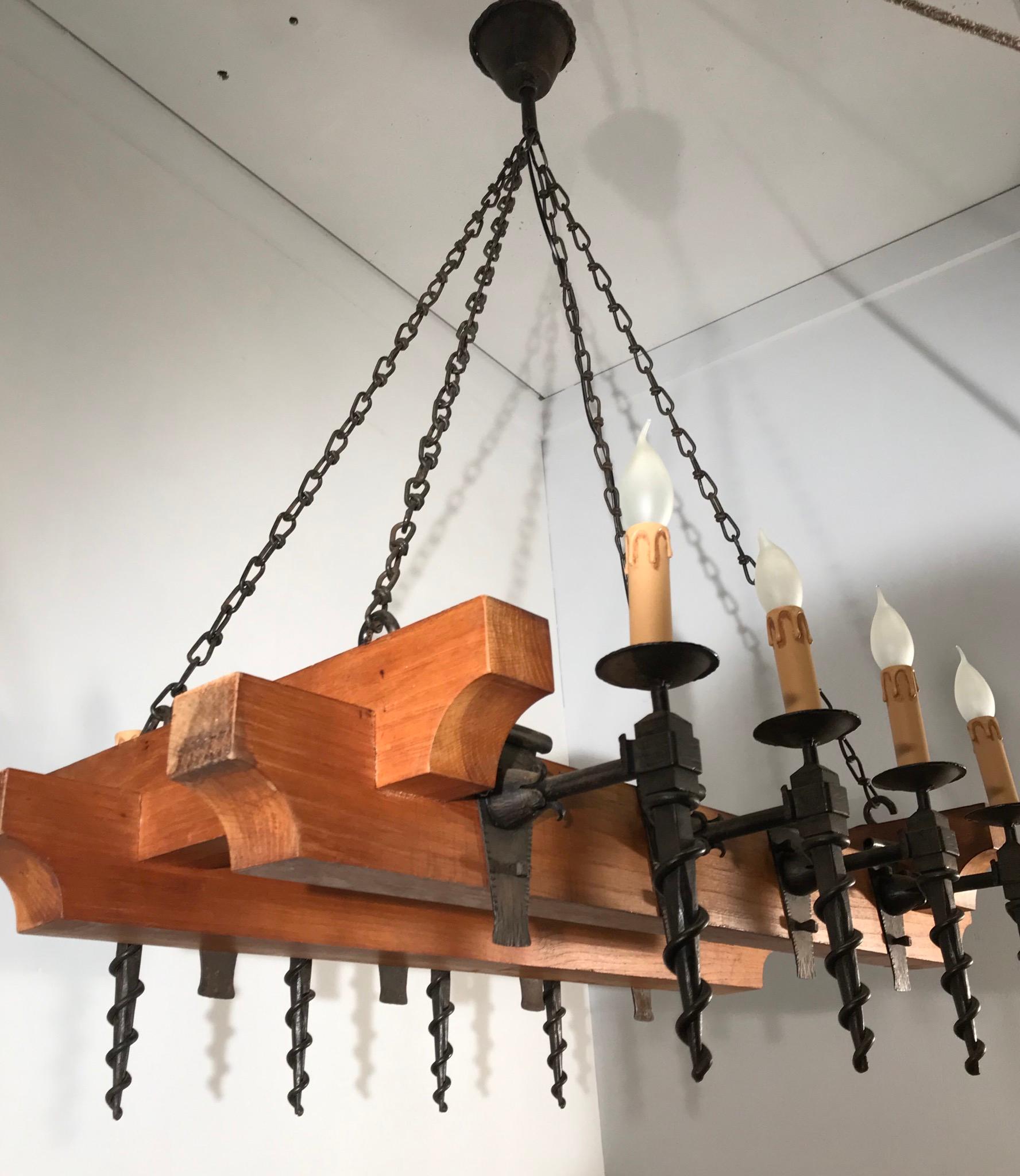 Heavy Quality Oak Beams and Wrought Iron Torches Arts & Crafts Chandelier Light For Sale 9