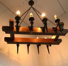 Heavy Quality Oak Beams and Wrought Iron Torches Arts & Crafts Chandelier Light