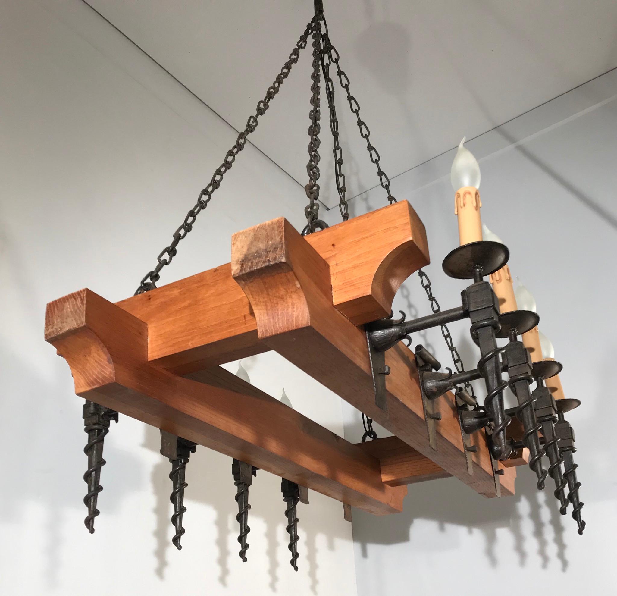 Arts and Crafts Heavy Quality Oak Beams and Wrought Iron Torches Arts & Crafts Chandelier Light For Sale