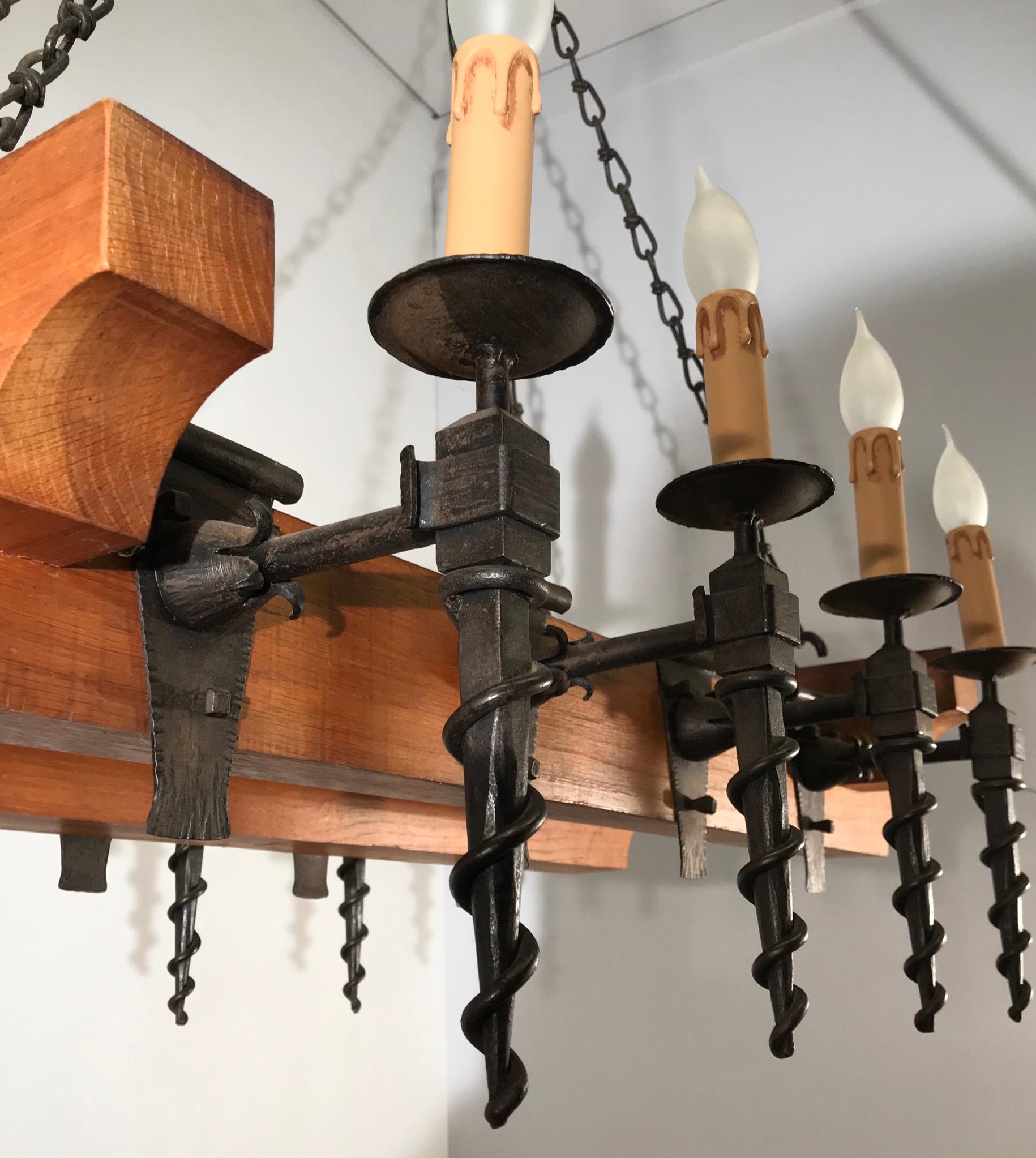 Heavy Quality Oak Beams and Wrought Iron Torches Arts & Crafts Chandelier Light In Good Condition For Sale In Lisse, NL