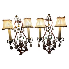 Heavy Red Roses Apples Murano Drops Lamps with Shades Italian, Circa 1900