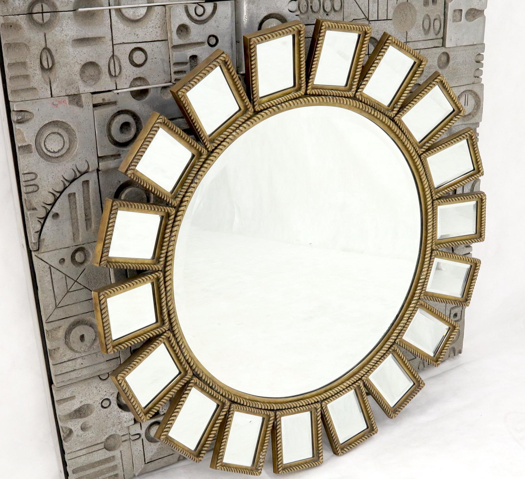 Mid-Century Modern Heavy Round Brass or Bronze Sunburst Wall Mirror with Rope Edges For Sale
