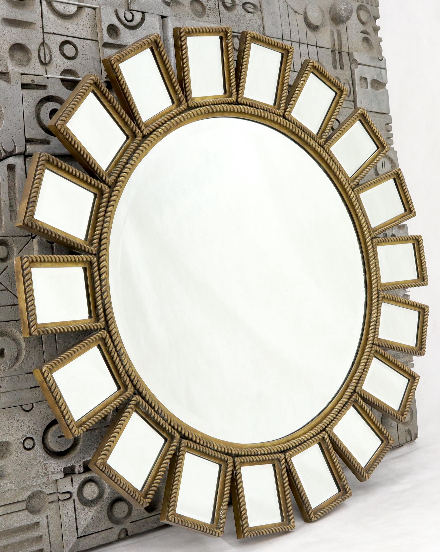 Italian Heavy Round Brass or Bronze Sunburst Wall Mirror with Rope Edges For Sale