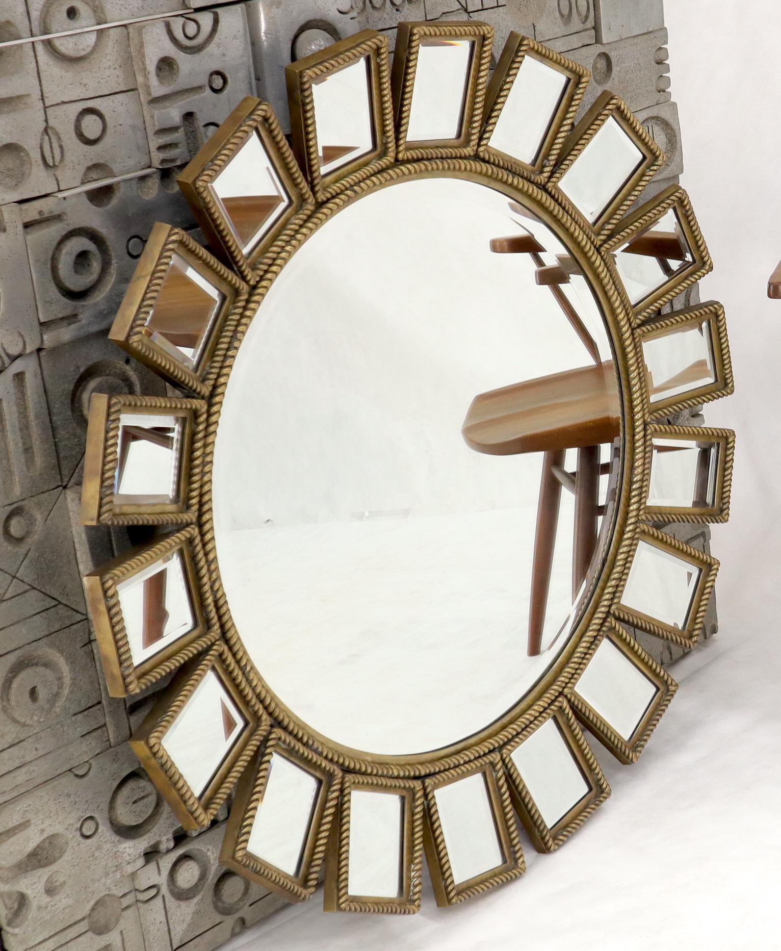 20th Century Heavy Round Brass or Bronze Sunburst Wall Mirror with Rope Edges For Sale