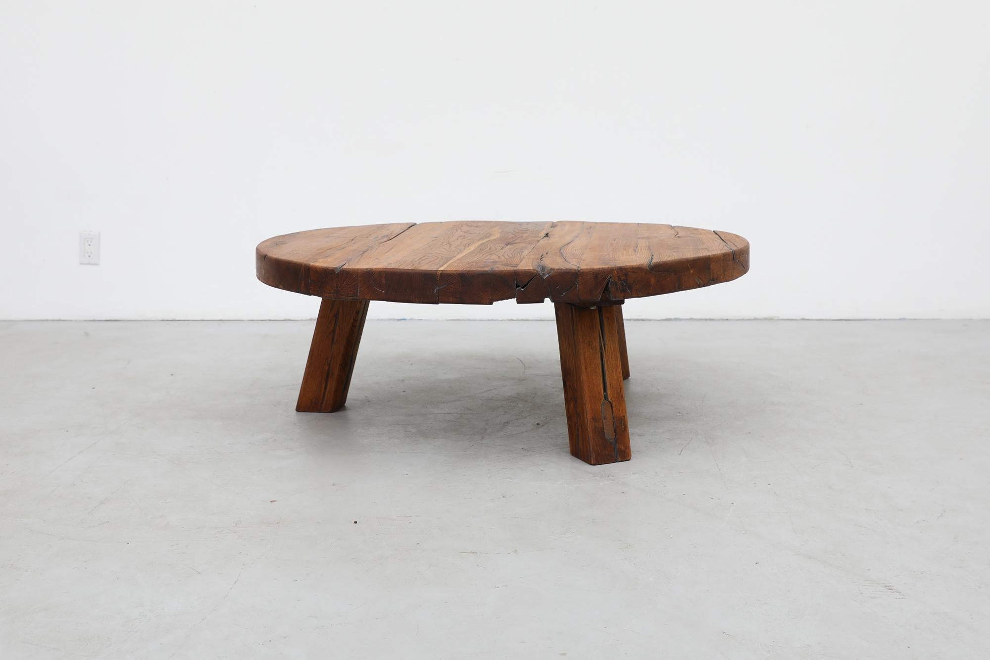Mid-Century Modern Heavy Round Brutalist Oak Coffee Table